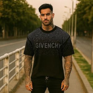 تیشرت پنبه فول نگین مشکی طرح GIVENCHY