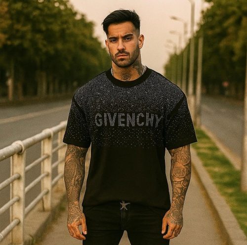 تیشرت پنبه فول نگین مشکی طرح GIVENCHY