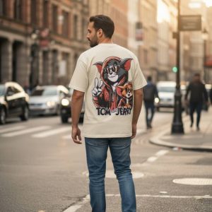 تیشرت پنبه سوپر طرح تام و جری سفید