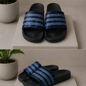 دمپایی تابستانی طرح  سه خط آبی مشکی