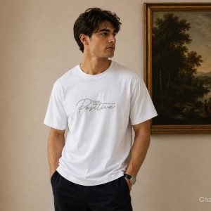 تیشرت پارچه دورس طرح POSITIVE رنگ سفید