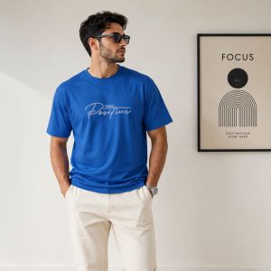 تیشرت پارچه دورس طرح POSITIVE رنگ آبی