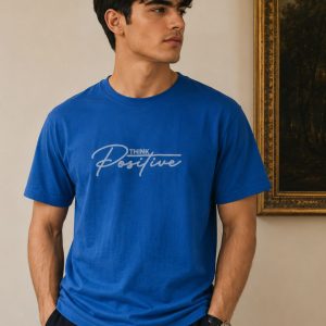 تیشرت پارچه دورس طرح POSITIVE رنگ آبی