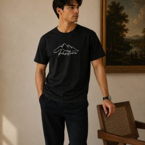 تیشرت پارچه دورس طرح POSITIVE رنگ مشکی