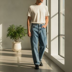 شلوار جین بگ ساده باکیفیت رنگ آبی