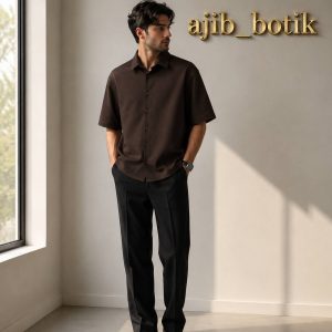 پیراهن باکسی پارچه مازراتی ساده قهوه ای