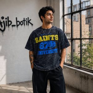 تیشرت دو نخ پنبه سنگشور طرح SAINTS 87 رنگ ذغالی