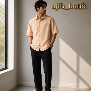 پیراهن باکسی پارچه مازراتی ساده کرم