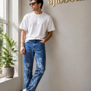 شلوار جین مام استایل آبی تیره طرح پوسایدن