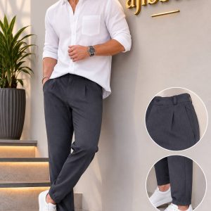 شلوار نیم بگ پارچه مازاراتی  پشت کش دکمه دار طوسی تیره