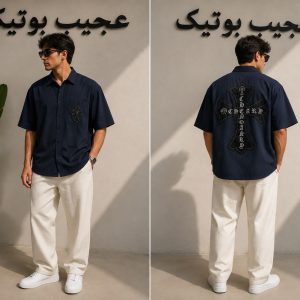 پیراهن باکسی  کتان طرح صلیب سرمه ای
