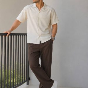 شلوار کمرکش پارچه مازاراتی نیم بگ دو دکمه رنگ قهوه ای