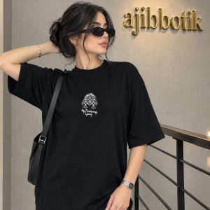 تیشرت نخ پنبه طرح دار قواره دار مشکی