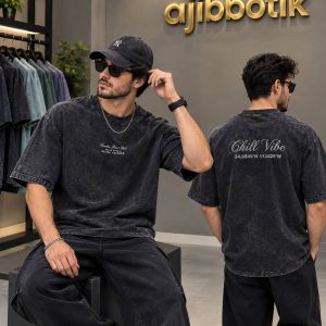 فروش ویژه تیشرت سنگشور پنبه  طرح Chill Vibe رنگ ذغالی تیره