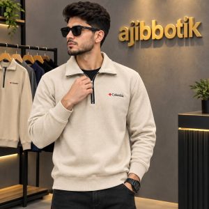 پیراهن پاییزه آستین بلند  بیسکویتی نیم زیپ رنگ کرم