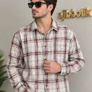 پیراهن پشمی پاییزه تک جیب چهارخانه رنگ سفید صورتی